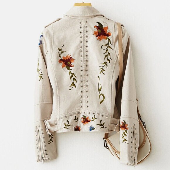 Off White Floral Embroidered Studded Faux Leather Jacket Moto Bomber Jacket Coat - Picture 4 of 10